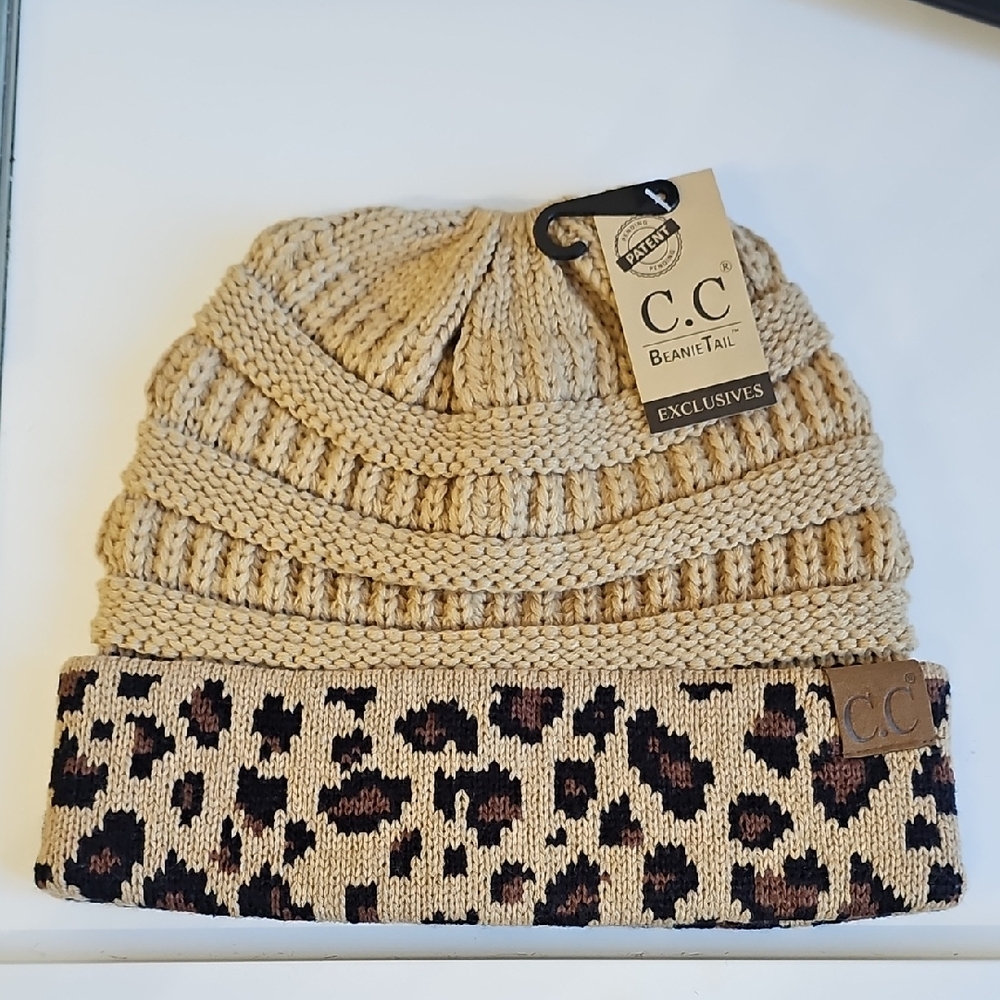 C.C Tan Knit Beanie with Leopard Pattern